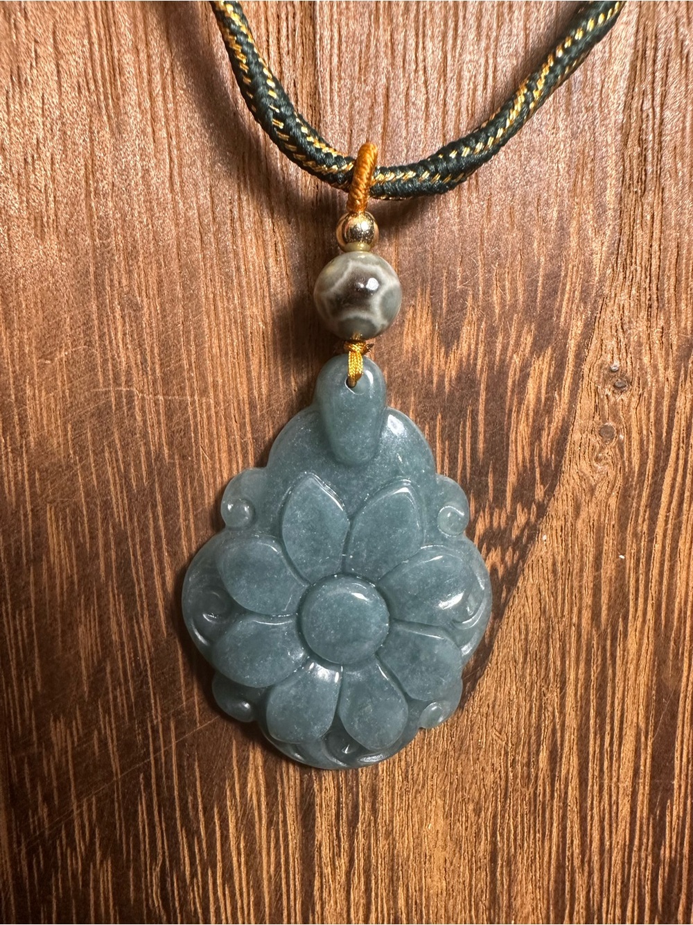 Green Jade Flower Pendant Necklace with Ocean Jasper on Green and Gold Rope - Picture 3 of 11